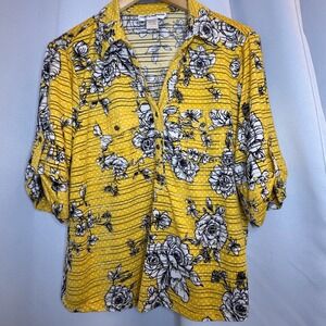 Cathy Daniels Floral Print Button Down Top Roll Tab Sleeve Blouse Women's Size L